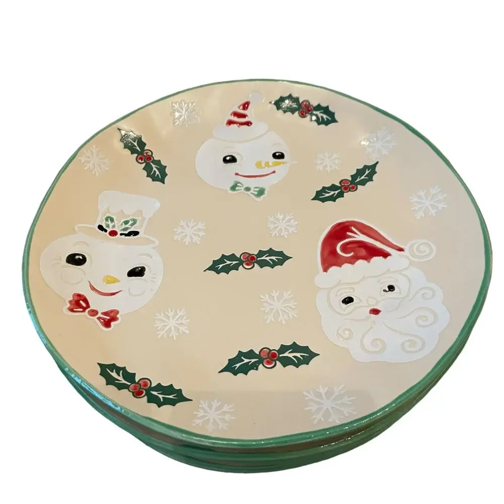 ELI + ANA Snowman Vintage Vives Salad Plate 8in Set of 4 Christmas Ceramics